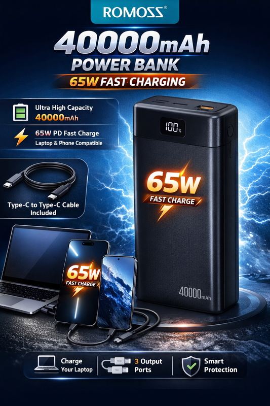 🔥 ROMOSS 40000mAh 65W Super Fast Power Bank – Massive Power. Ultimate Backup.🔥